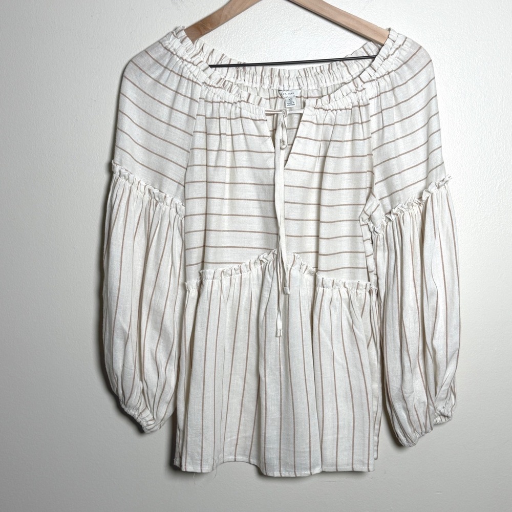 Cato Womens Linen Blend Blouse XS White Tan Striped Peplum Balloon Sleeve Boho